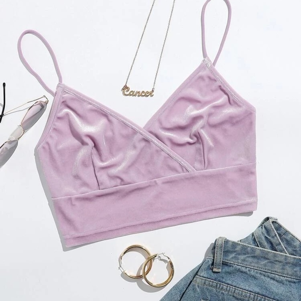 SHEIN Lilac Purple Surplice Neck Velvet Crop Cami Top